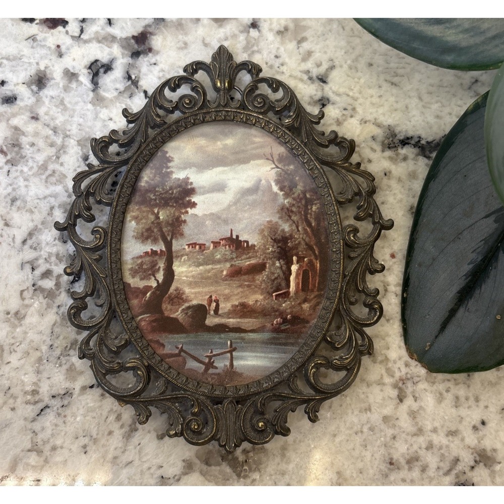 Small Ornate Patina Gold Filigree Oval Frame Florentine Landscape Print Art VTG